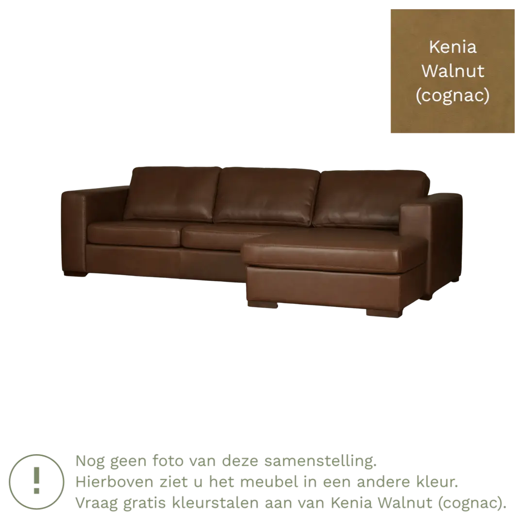 afbeelding van Leren hoekbank Flow - 3 zits arm links + longchair rechts - Kenia Walnut (cognac) - Poten hout bruin