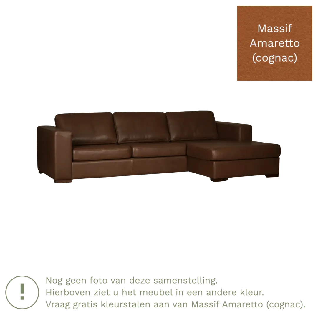 afbeelding van Leren hoekbank Flow - 3 zits arm links + longchair rechts - Massif Amaretto (cognac) - Poten hout bruin