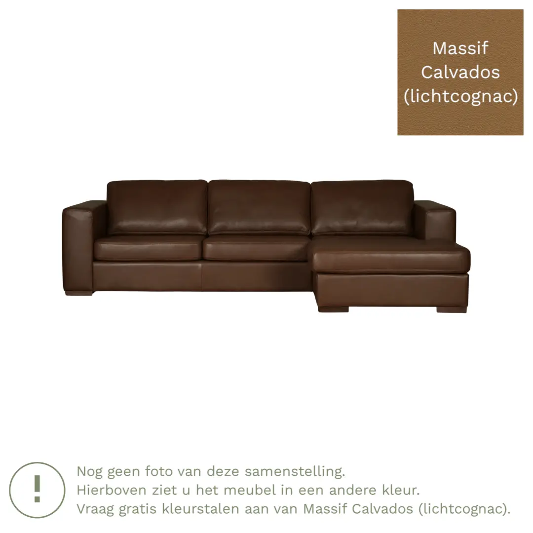 afbeelding van Leren hoekbank Flow - 3 zits arm links + longchair rechts - Massif Calvados (lichtcognac) - Poten hout bruin