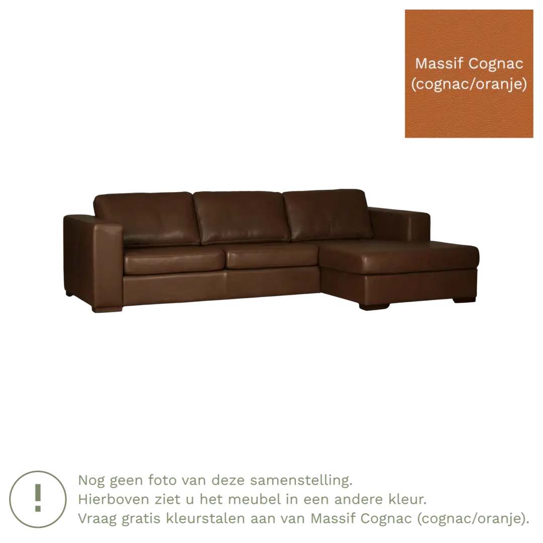 afbeelding van Leren hoekbank Flow - 3 zits arm links + longchair rechts - Massif Cognac (cognac/oranje) - Poten hout zwart