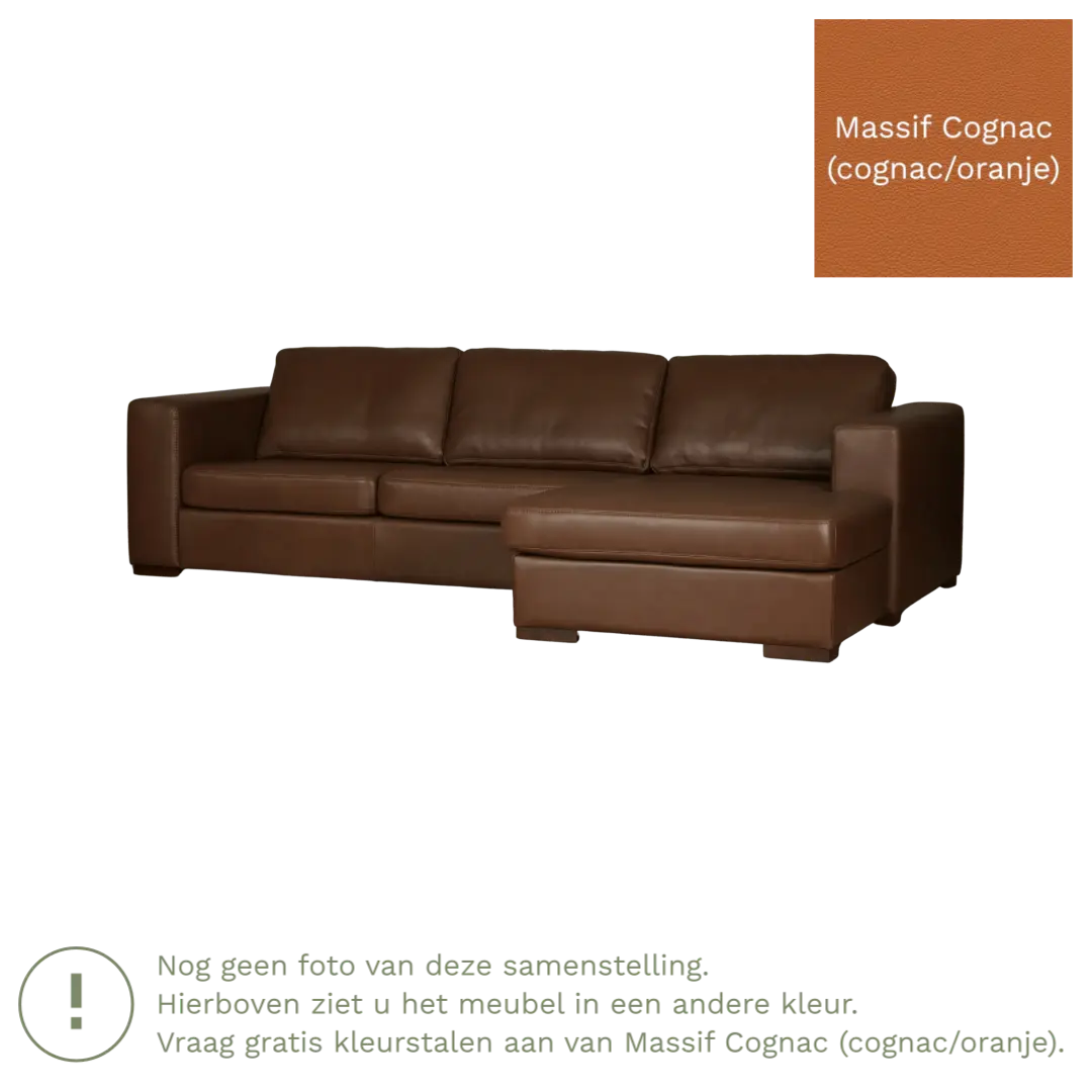 afbeelding van Leren hoekbank Flow - 3 zits arm links + longchair rechts - Massif Cognac (cognac/oranje) - Poten hout zwart