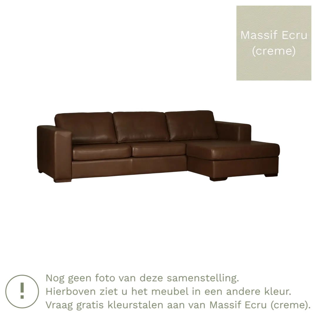 afbeelding van Leren hoekbank Flow - 3 zits arm links + longchair rechts - Massif Ecru (crème) - Poten hout zwart