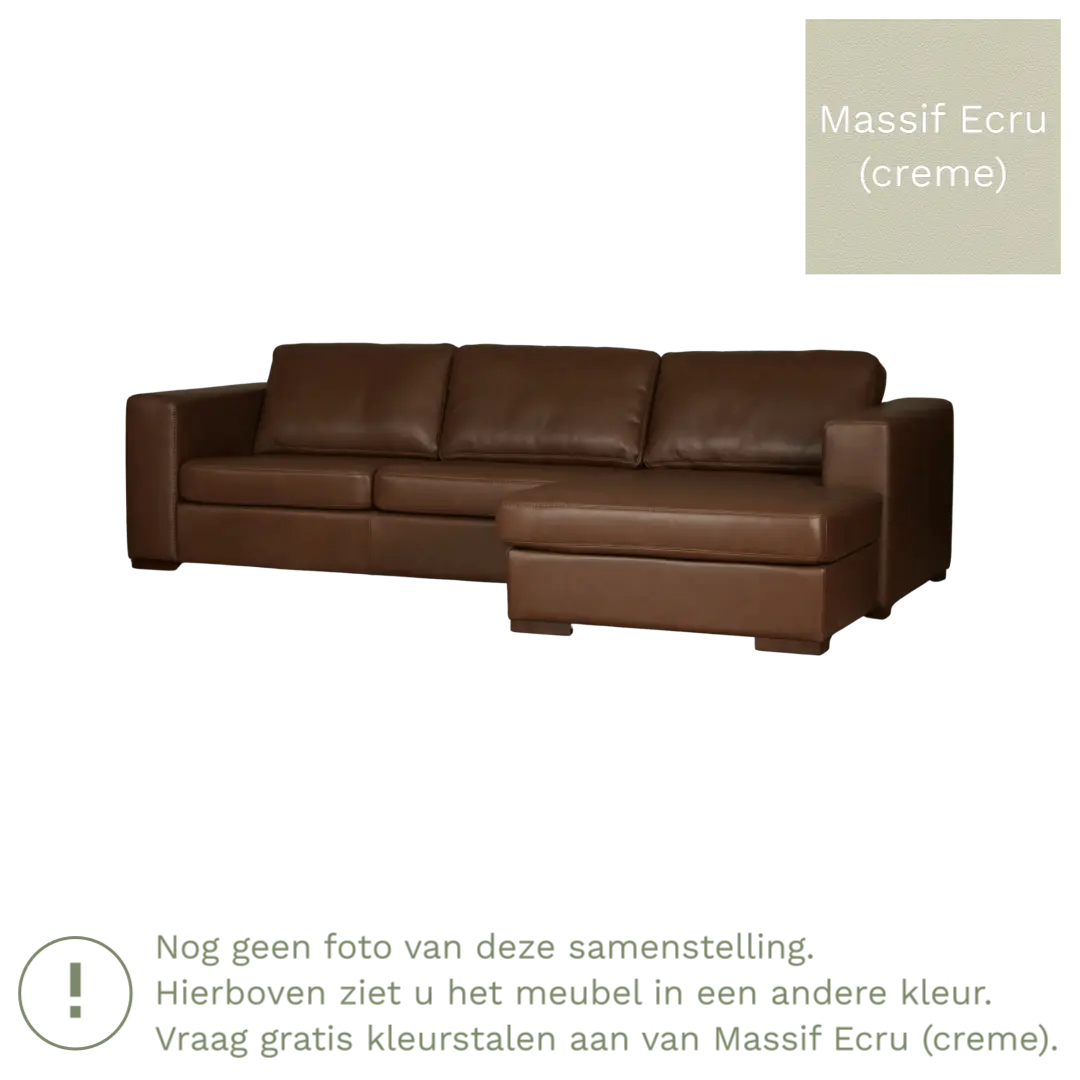afbeelding van Leren hoekbank Flow - 3 zits arm links + longchair rechts - Massif Ecru (crème) - Poten hout zwart