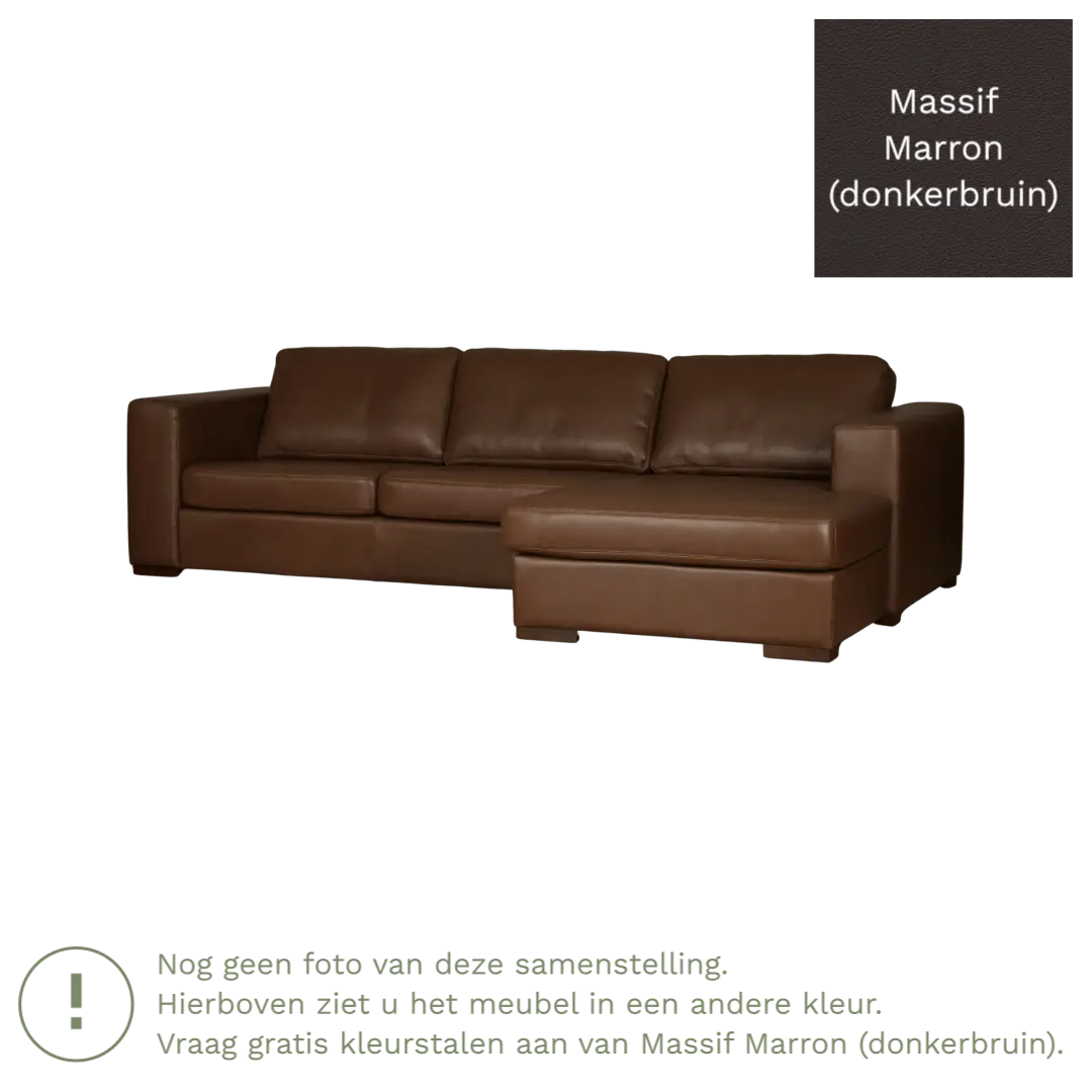 afbeelding van Leren hoekbank Flow - 3 zits arm links + longchair rechts - Massif Marron (donkerbruin) - Poten hout bruin