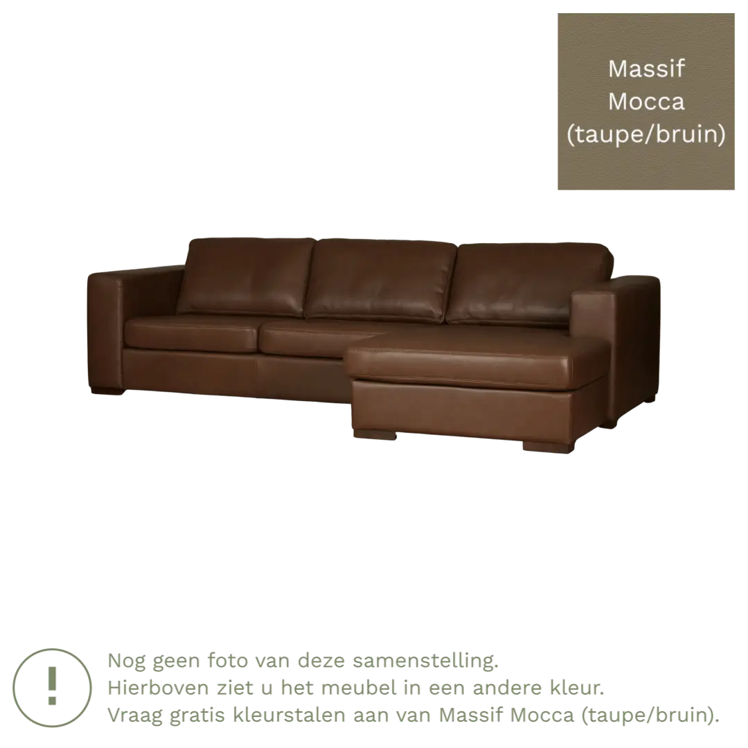 afbeelding van Leren hoekbank Flow - 3 zits arm links + longchair rechts - Massif Mocca (taupe/bruin) - Poten hout bruin