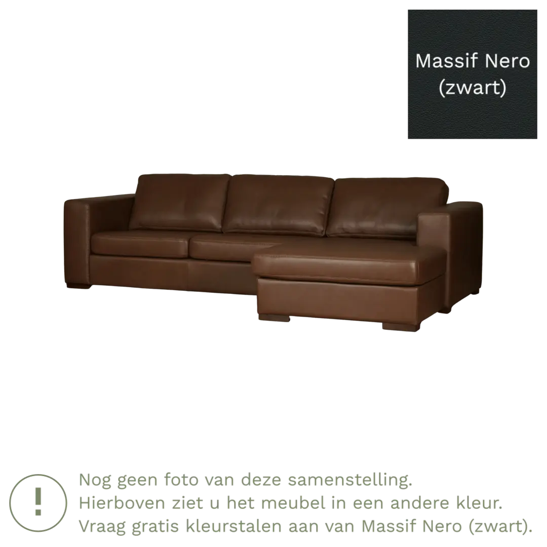 afbeelding van Leren hoekbank Flow - 3 zits arm links + longchair rechts - Massif Nero (zwart) - Poten hout zwart