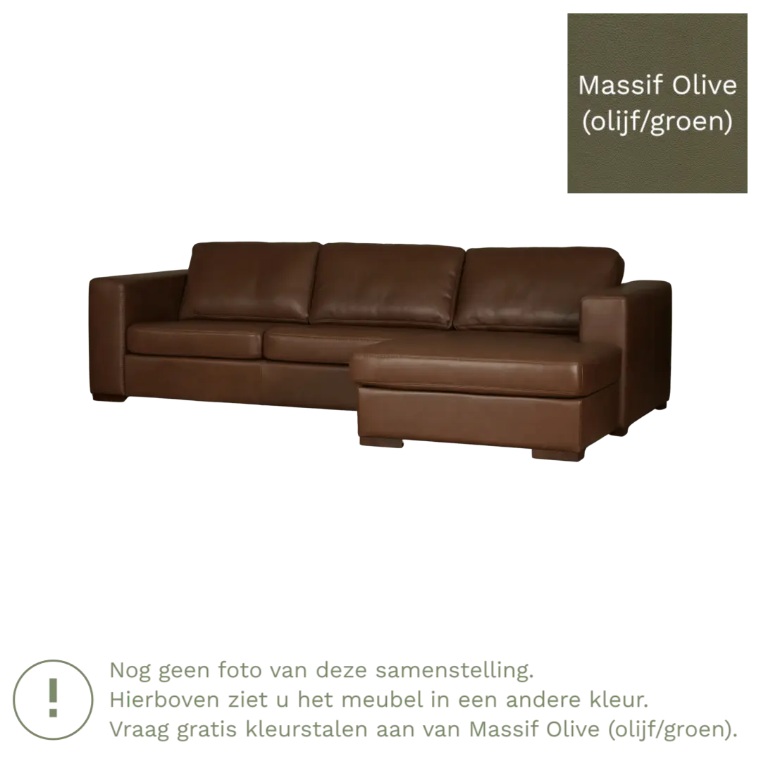 afbeelding van Leren hoekbank Flow - 3 zits arm links + longchair rechts - Massif Olive (olijf/groen) - Poten hout zwart