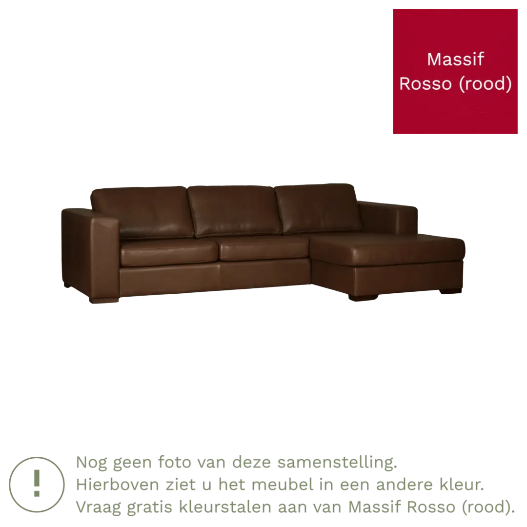 afbeelding van Leren hoekbank Flow - 3 zits arm links + longchair rechts - Massif Rosso (rood) - Poten hout zwart