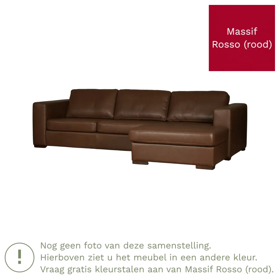 afbeelding van Leren hoekbank Flow - 3 zits arm links + longchair rechts - Massif Rosso (rood) - Poten hout zwart