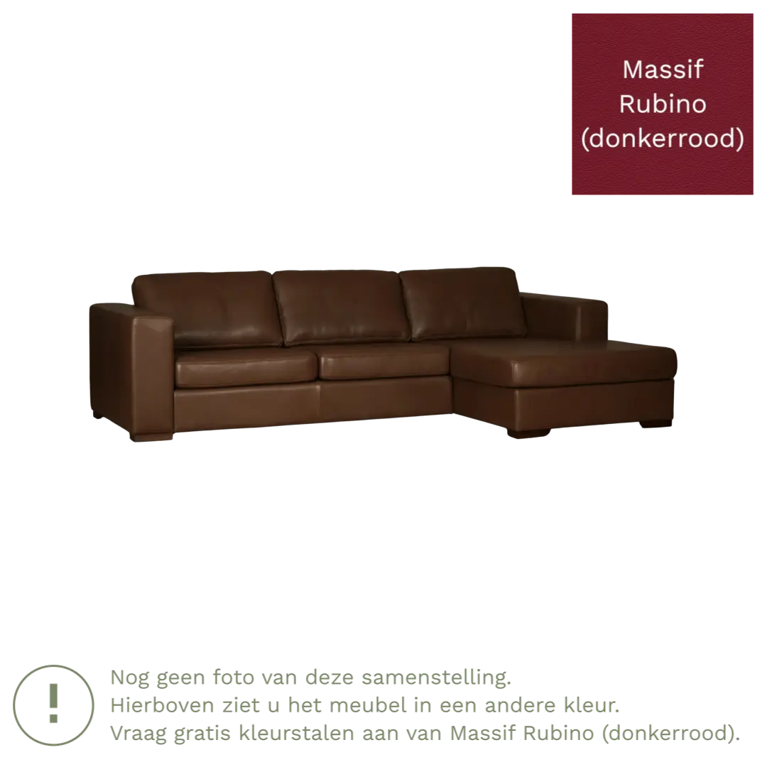 afbeelding van Leren hoekbank Flow - 3 zits arm links + longchair rechts - Massif Rubino (donkerrood) - Poten hout zwart
