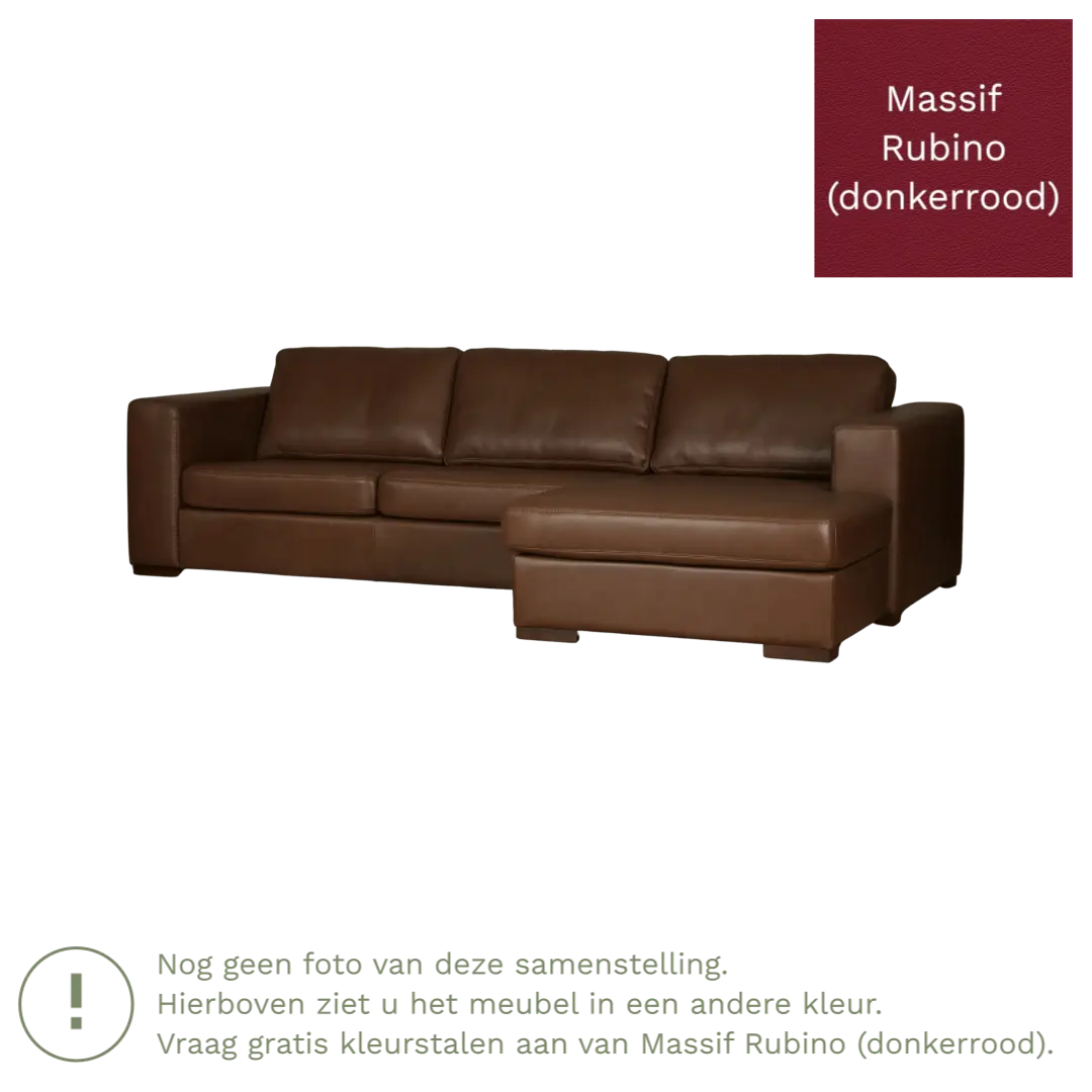 afbeelding van Leren hoekbank Flow - 3 zits arm links + longchair rechts - Massif Rubino (donkerrood) - Poten hout zwart