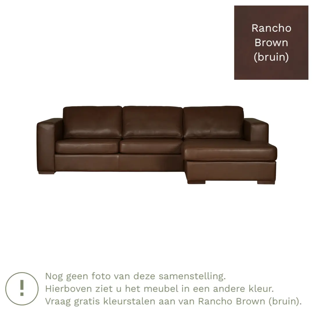 afbeelding van Leren hoekbank Flow - 3 zits arm links + longchair rechts - Rancho Brown (bruin) - Poten hout bruin