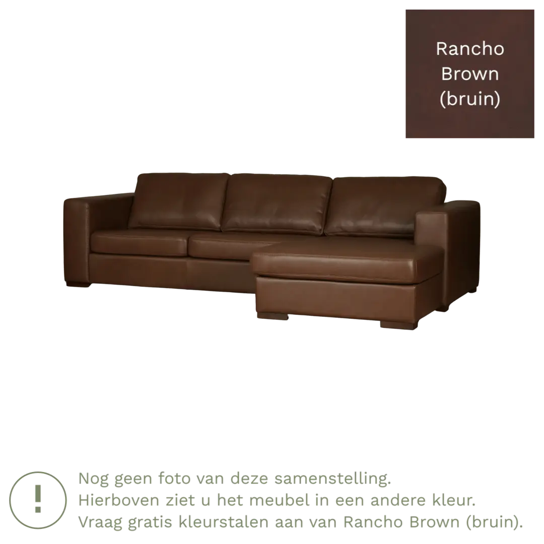 afbeelding van Leren hoekbank Flow - 3 zits arm links + longchair rechts - Rancho Brown (bruin) - Poten hout bruin