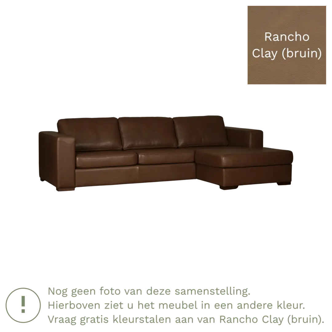 afbeelding van Leren hoekbank Flow - 3 zits arm links + longchair rechts - Rancho Clay (bruin) - Poten hout zwart
