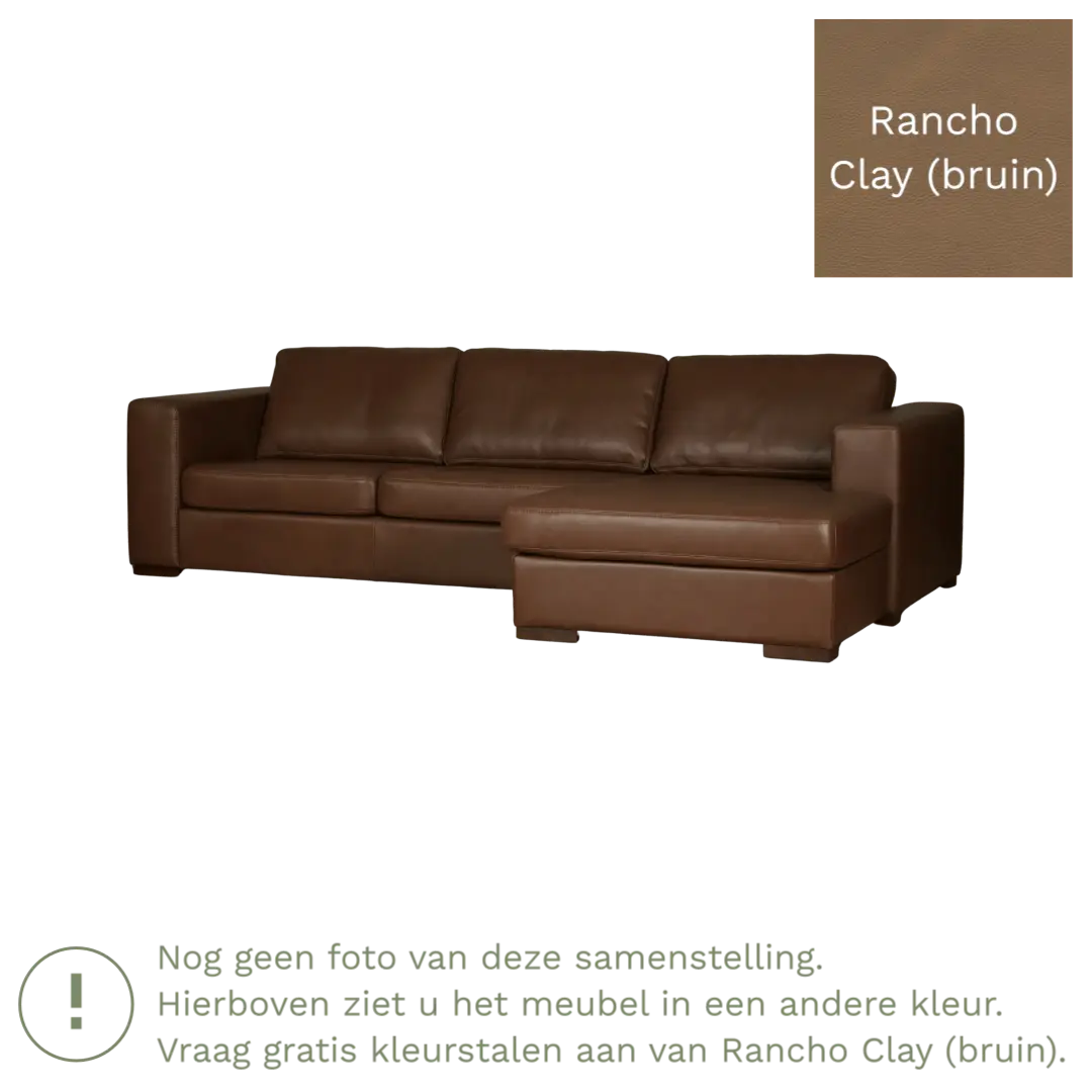 afbeelding van Leren hoekbank Flow - 3 zits arm links + longchair rechts - Rancho Clay (bruin) - Poten hout zwart
