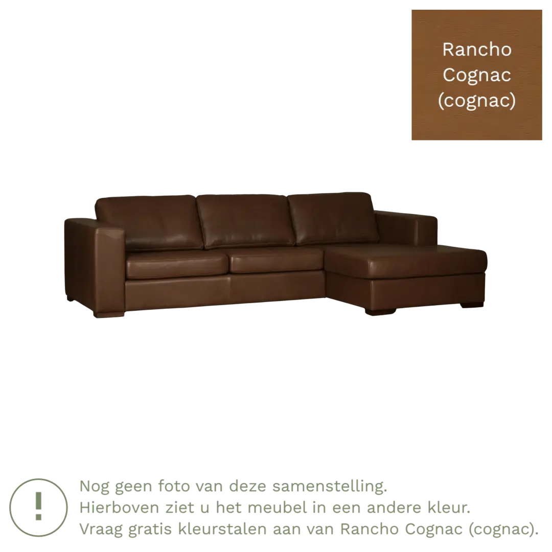 afbeelding van Leren hoekbank Flow - 3 zits arm links + longchair rechts - Rancho Cognac (cognac) - Poten hout zwart