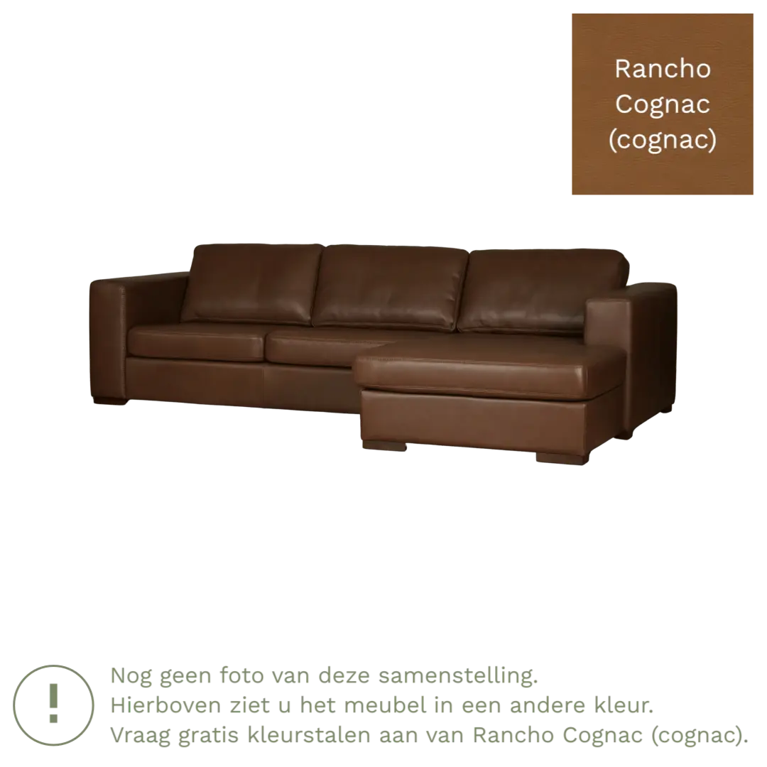 afbeelding van Leren hoekbank Flow - 3 zits arm links + longchair rechts - Rancho Cognac (cognac) - Poten hout zwart