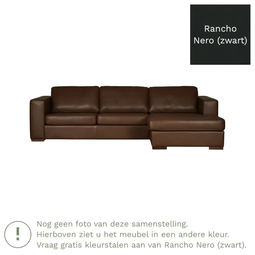 afbeelding van Leren hoekbank Flow - 3 zits arm links + longchair rechts - Rancho Nero (zwart) - Poten hout zwart