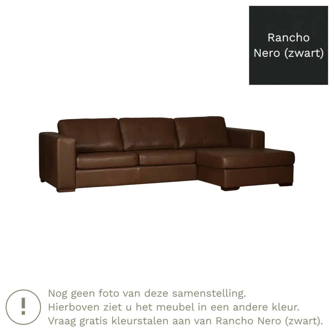 afbeelding van Leren hoekbank Flow - 3 zits arm links + longchair rechts - Rancho Nero (zwart) - Poten hout zwart