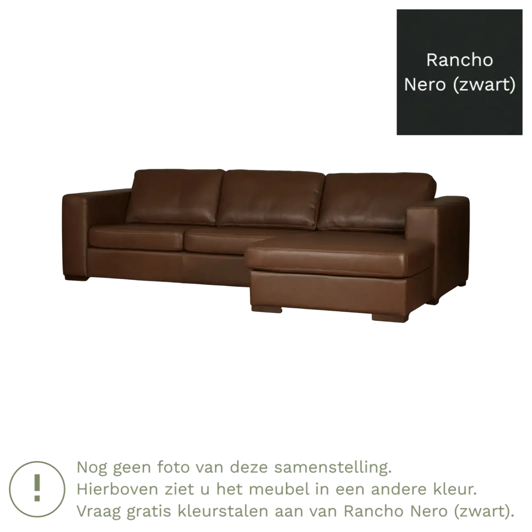 afbeelding van Leren hoekbank Flow - 3 zits arm links + longchair rechts - Rancho Nero (zwart) - Poten hout zwart