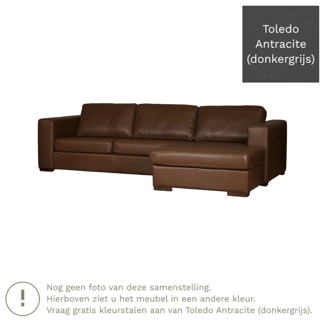 afbeelding van Leren hoekbank Flow - 3 zits arm links + longchair rechts - Toledo Antracite (donkergrijs) - Poten hout zwart