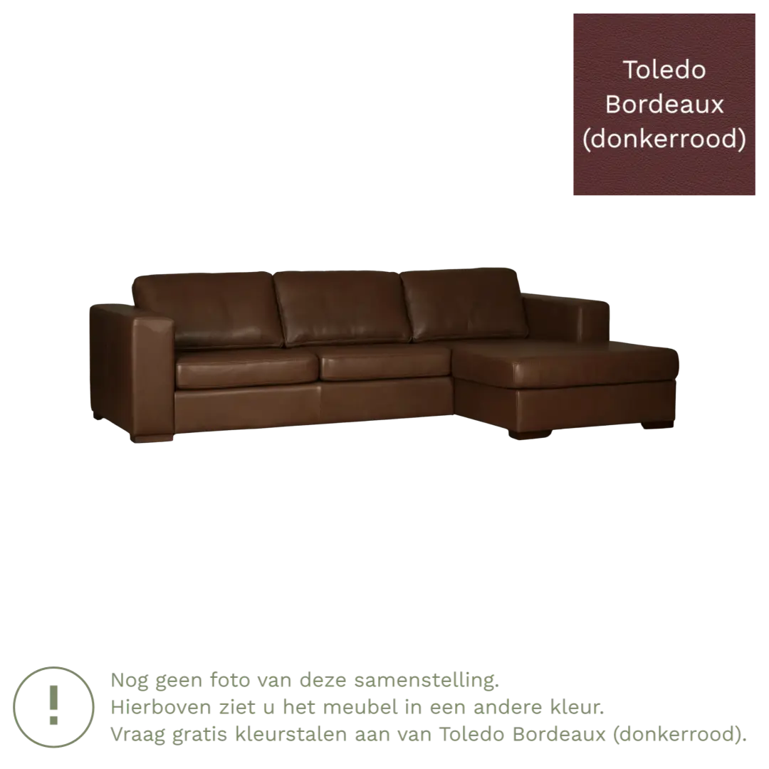 afbeelding van Leren hoekbank Flow - 3 zits arm links + longchair rechts - Toledo Bordeaux (donkerrood) - Poten hout zwart