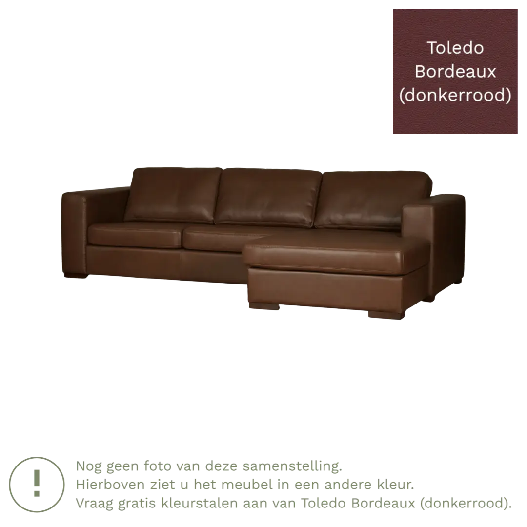 afbeelding van Leren hoekbank Flow - 3 zits arm links + longchair rechts - Toledo Bordeaux (donkerrood) - Poten hout zwart