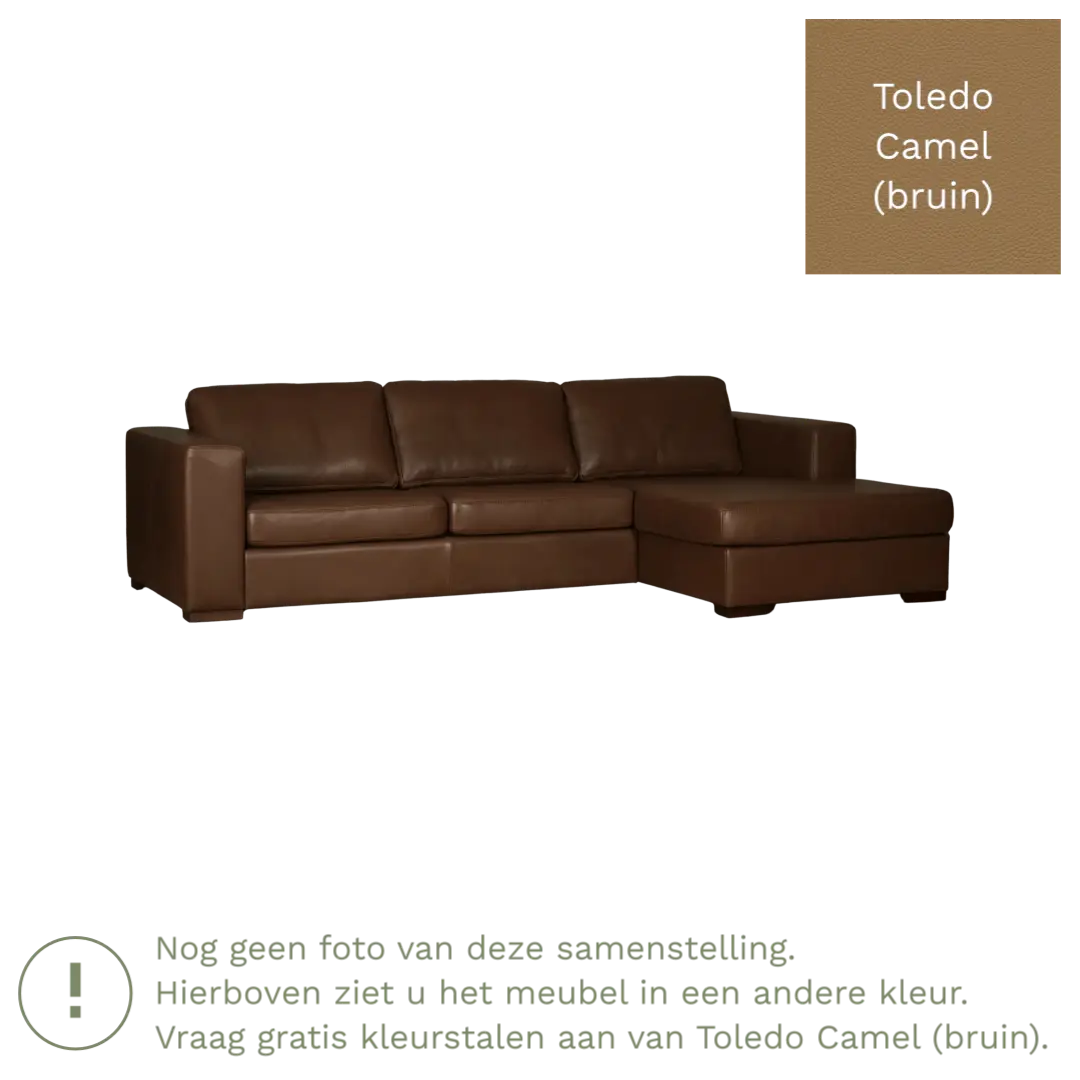 afbeelding van Leren hoekbank Flow - 3 zits arm links + longchair rechts - Toledo Camel (bruin) - Poten hout zwart