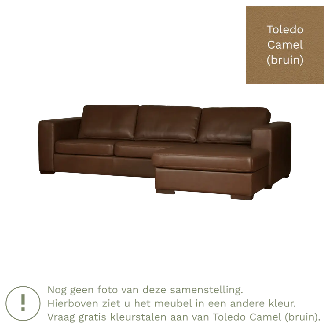 afbeelding van Leren hoekbank Flow - 3 zits arm links + longchair rechts - Toledo Camel (bruin) - Poten hout zwart
