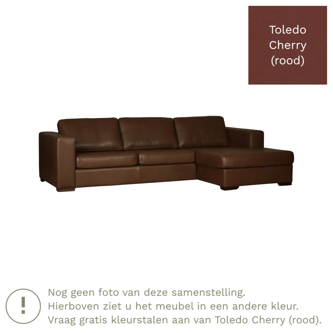 afbeelding van Leren hoekbank Flow - 3 zits arm links + longchair rechts - Toledo Cherry (rood) - Poten hout bruin