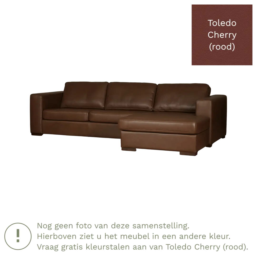 afbeelding van Leren hoekbank Flow - 3 zits arm links + longchair rechts - Toledo Cherry (rood) - Poten hout bruin