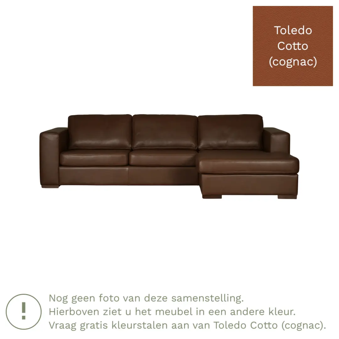 afbeelding van Leren hoekbank Flow - 3 zits arm links + longchair rechts - Toledo Cotto (cognac) - Poten hout zwart