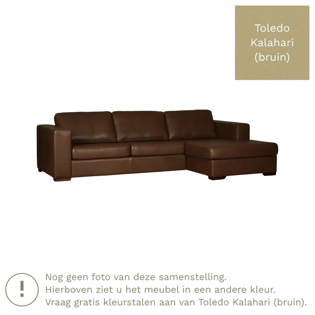 afbeelding van Leren hoekbank Flow - 3 zits arm links + longchair rechts - Toledo Kalahari (bruin) - Poten hout zwart