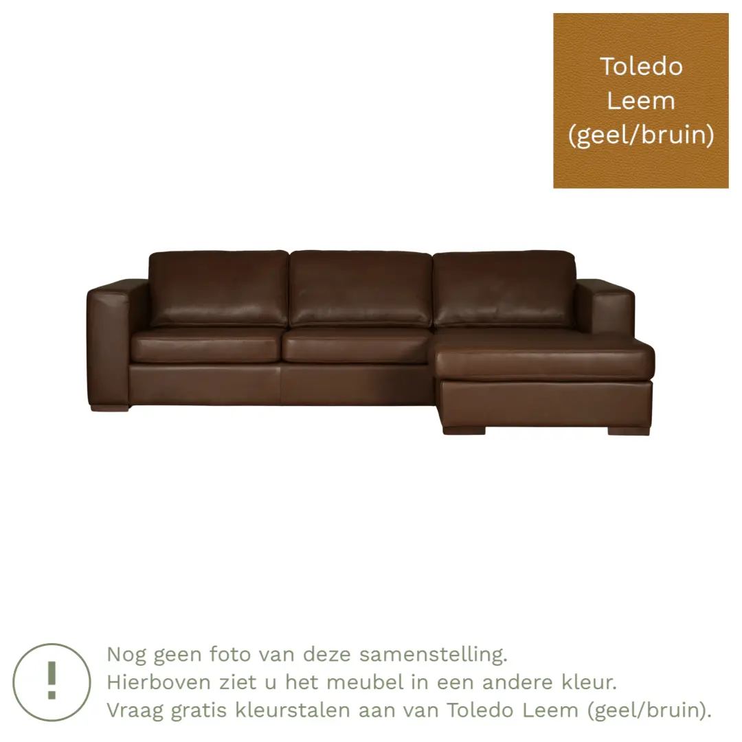 afbeelding van Leren hoekbank Flow - 3 zits arm links + longchair rechts - Toledo Leem (geel/bruin) - Poten hout bruin