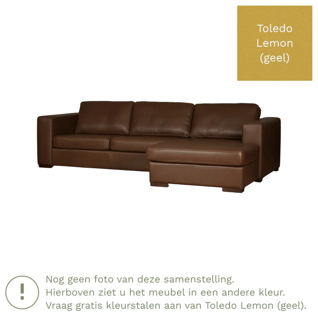 afbeelding van Leren hoekbank Flow - 3 zits arm links + longchair rechts - Toledo Lemon (geel) - Poten hout zwart