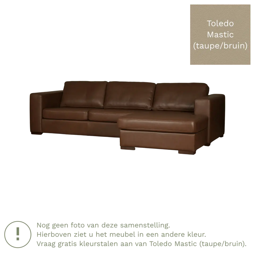 afbeelding van Leren hoekbank Flow - 3 zits arm links + longchair rechts - Toledo Mastic (taupe/bruin) - Poten hout zwart