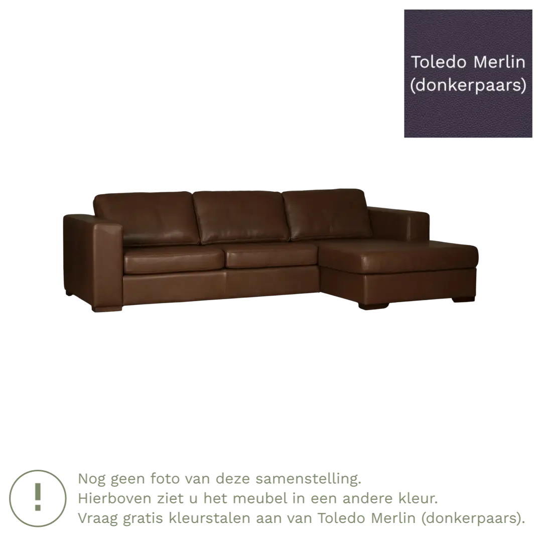 afbeelding van Leren hoekbank Flow - 3 zits arm links + longchair rechts - Toledo Merlin (donkerpaars) - Poten hout zwart