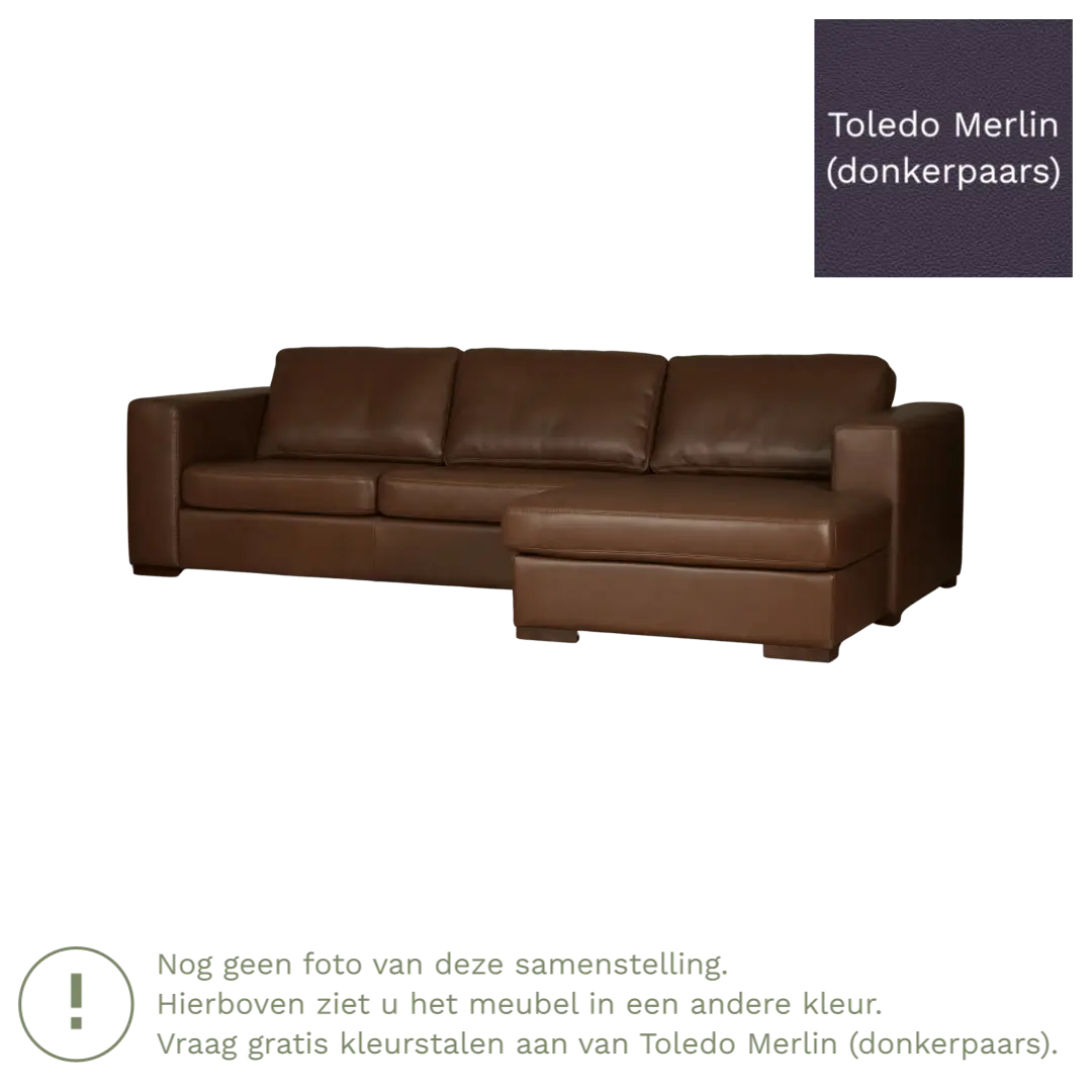 afbeelding van Leren hoekbank Flow - 3 zits arm links + longchair rechts - Toledo Merlin (donkerpaars) - Poten hout zwart