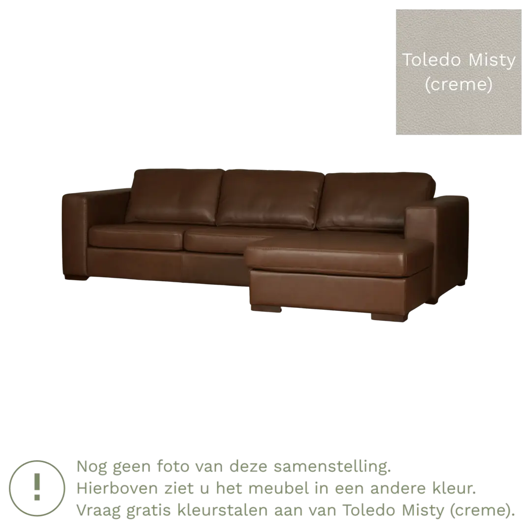 afbeelding van Leren hoekbank Flow - 3 zits arm links + longchair rechts - Toledo Misty (crème) - Poten hout zwart