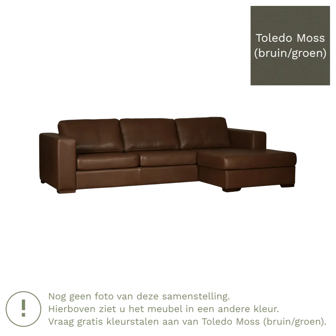afbeelding van Leren hoekbank Flow - 3 zits arm links + longchair rechts - Toledo Moss (bruin/groen) - Poten hout bruin