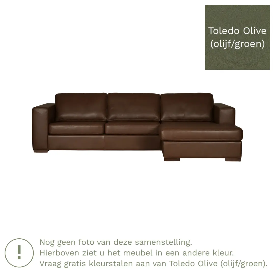 afbeelding van Leren hoekbank Flow - 3 zits arm links + longchair rechts - Toledo Olive (olijf/goen) - Poten hout zwart