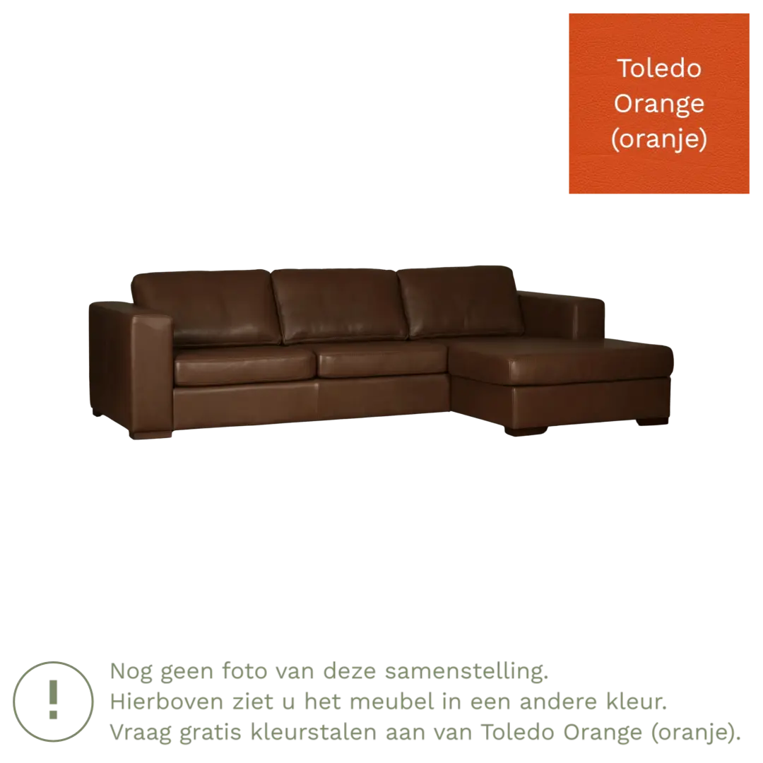 afbeelding van Leren hoekbank Flow - 3 zits arm links + longchair rechts - Toledo Orange (oranje) - Poten hout bruin