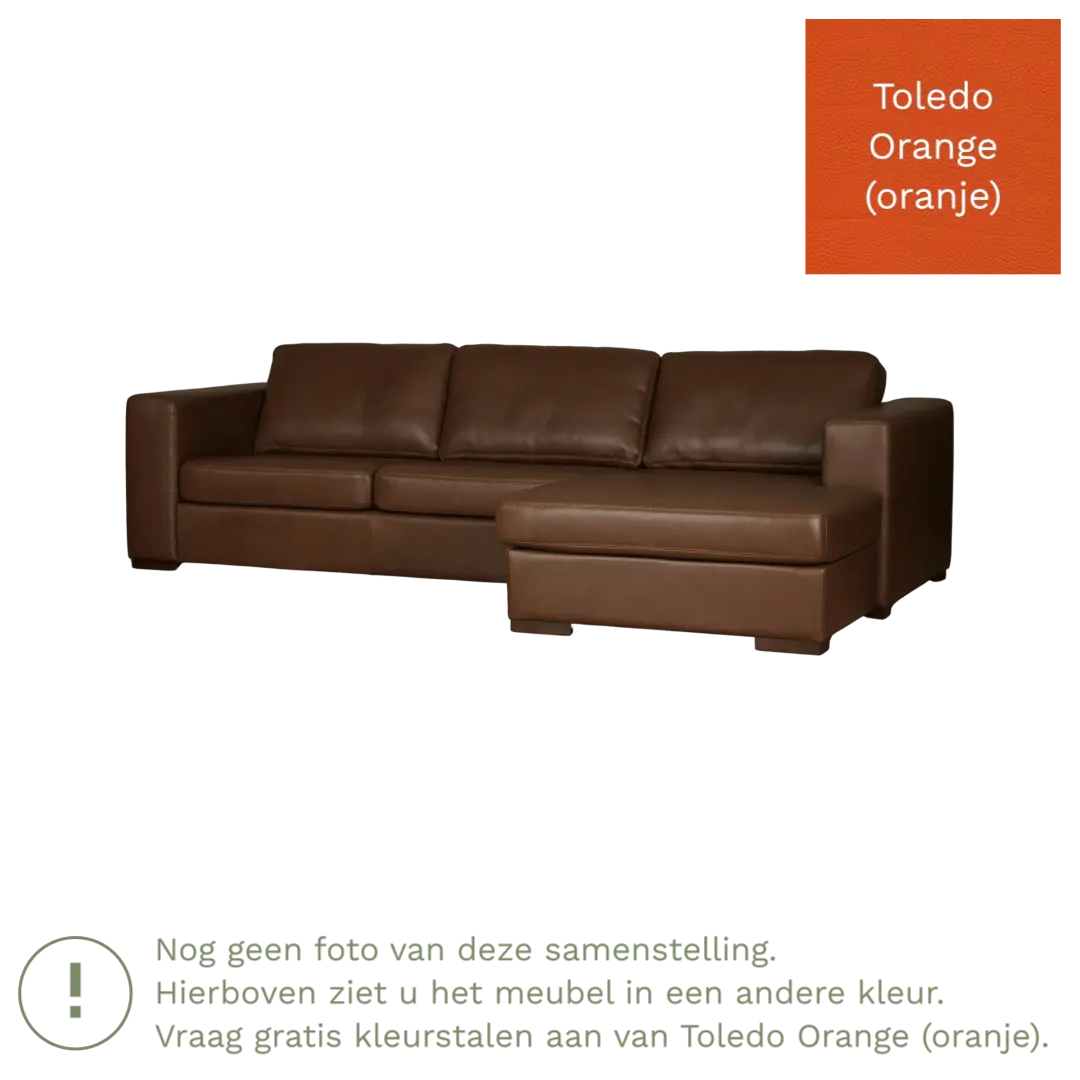 afbeelding van Leren hoekbank Flow - 3 zits arm links + longchair rechts - Toledo Orange (oranje) - Poten hout bruin