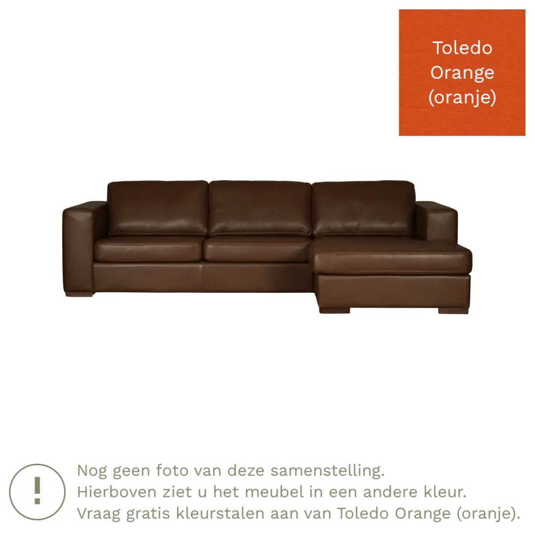 afbeelding van Leren hoekbank Flow - 3 zits arm links + longchair rechts - Toledo Orange (oranje) - Poten hout zwart