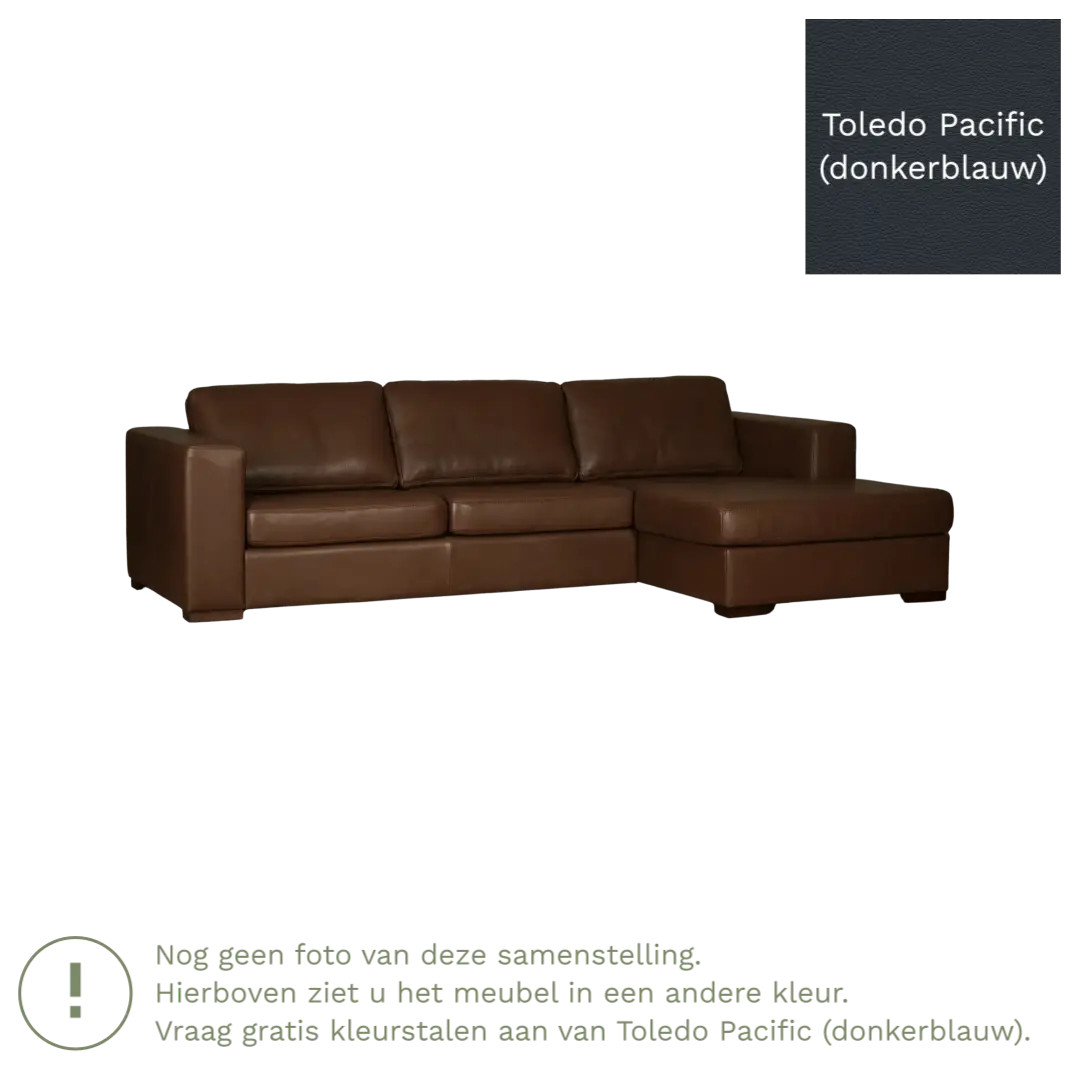 afbeelding van Leren hoekbank Flow - 3 zits arm links + longchair rechts - Toledo Pacific (donkerblauw) - Poten hout zwart