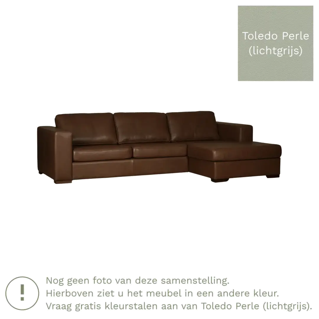 afbeelding van Leren hoekbank Flow - 3 zits arm links + longchair rechts - Toledo Perle (lichtgrijs) - Poten hout bruin