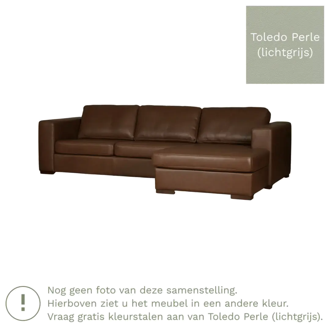afbeelding van Leren hoekbank Flow - 3 zits arm links + longchair rechts - Toledo Perle (lichtgrijs) - Poten hout bruin