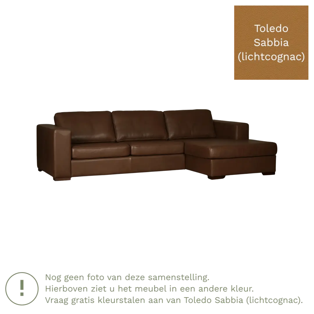 afbeelding van Leren hoekbank Flow - 3 zits arm links + longchair rechts - Toledo Sabbia (lichtcognac) - Poten hout bruin