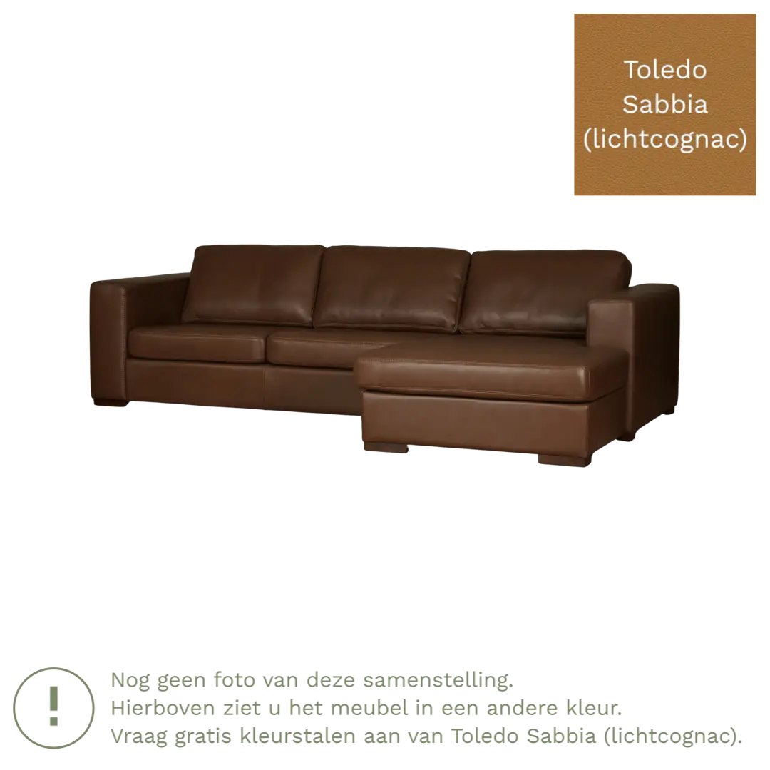 afbeelding van Leren hoekbank Flow - 3 zits arm links + longchair rechts - Toledo Sabbia (lichtcognac) - Poten hout bruin