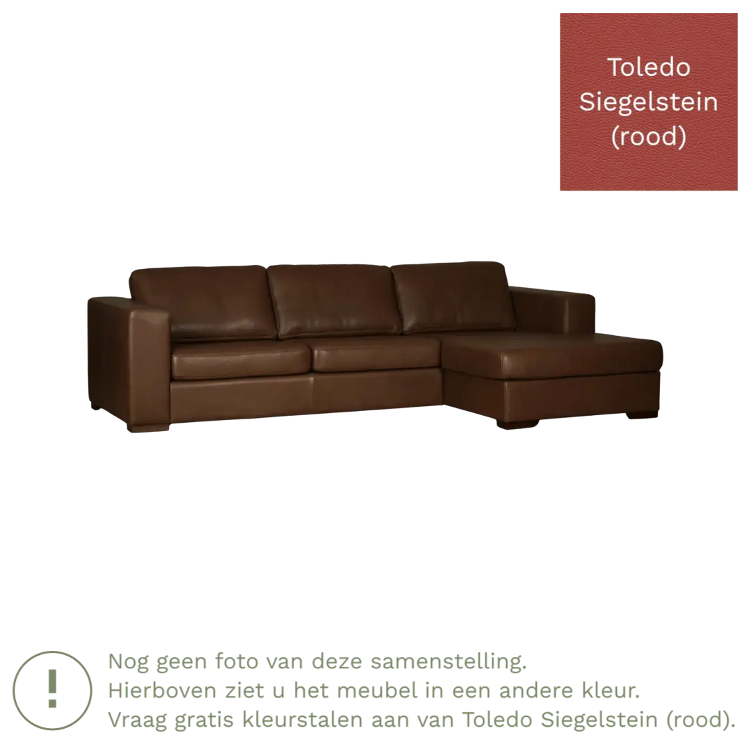 afbeelding van Leren hoekbank Flow - 3 zits arm links + longchair rechts - Toledo Siegelstein (rood) - Poten hout zwart